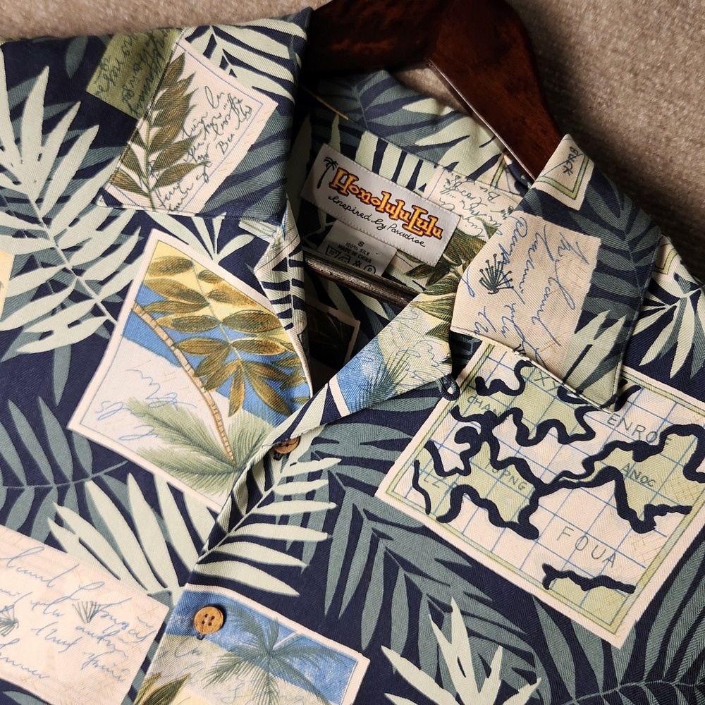 Honolulu Lulu Shirt Mens S Blue Green Silk Tropical Postcard Map Aloha Camp